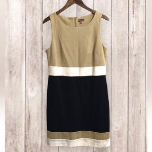 𝅺vince Camuto Knit Sheath Wiggle Color Block Dress Size 12 Black Tan Cream